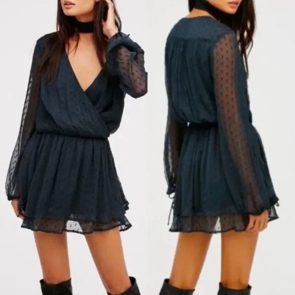 Free People Dahlia green wrap surplice dress long sleeve tunic Large - Picture 2 of 5